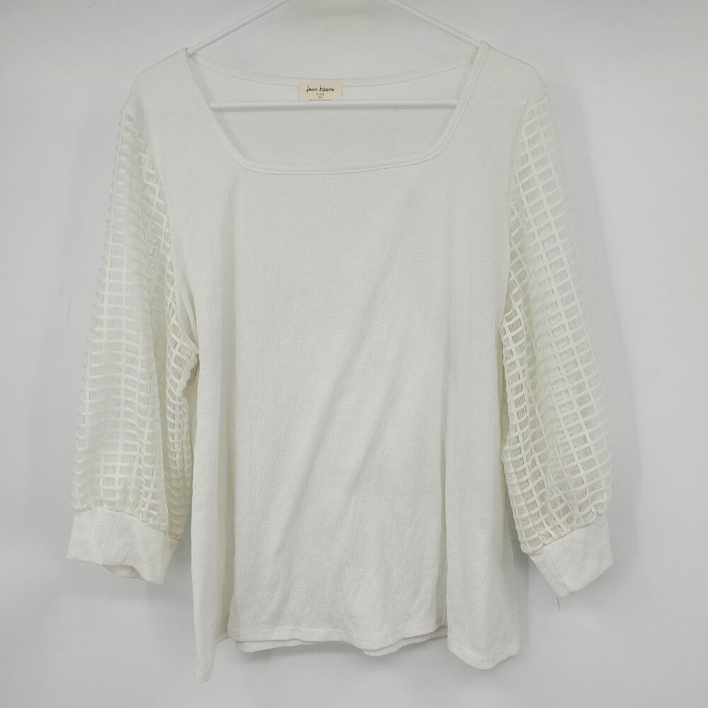 Free Kisses Plus Boho Square Neck White Cutout 3/4 Sleeve Blouse Shirt Top 2X